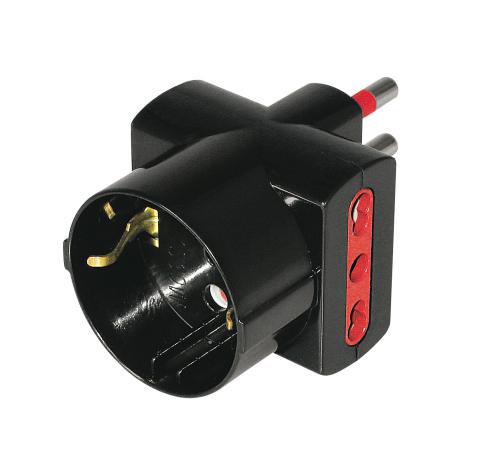 Adattatore Spina 10A 2 Bipasso 1 Schuko Nera